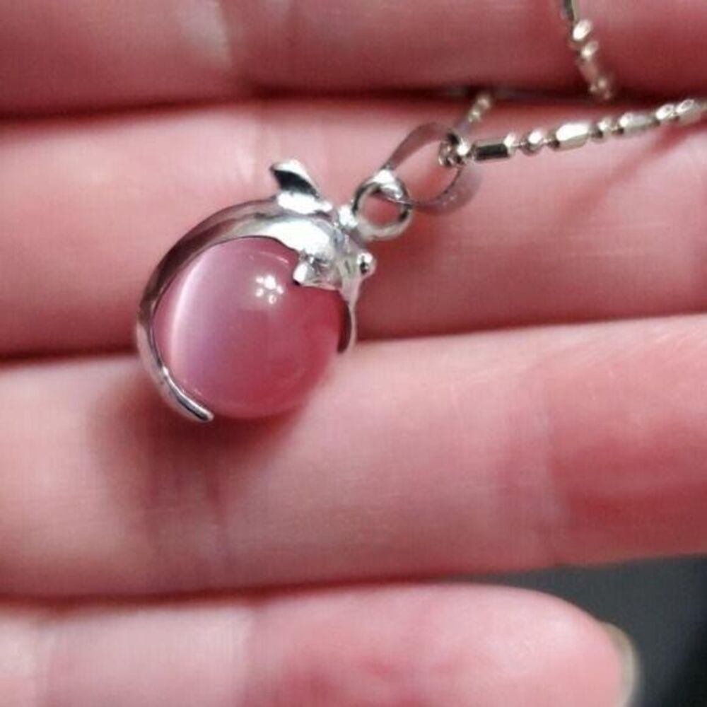 18KGP dolphin necklace 18" pink cat's eye white gold plated
